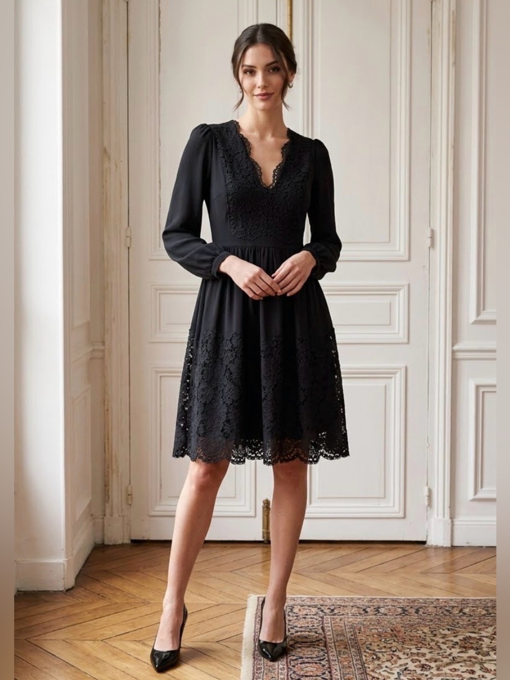 Claudie Pierlot Black V-Neck Bodice Long Sleeve Lace Lined Dress Sz EU 36 US S